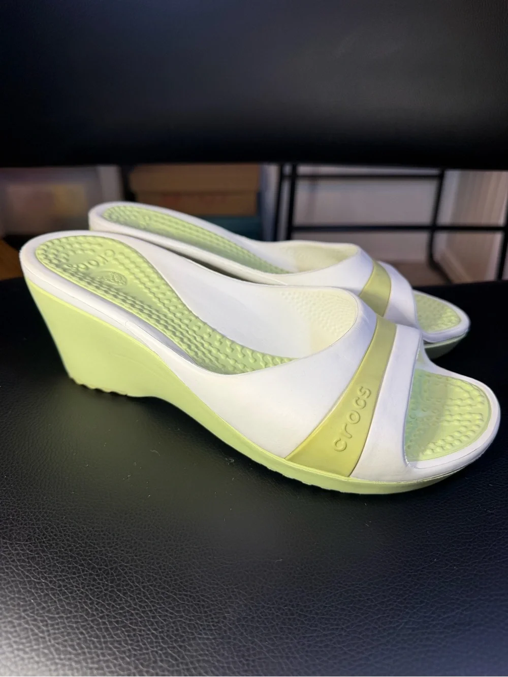 Crocs Lime green White Rubber Slide Sandals Wedge Heel Open Toe Womens Size 7